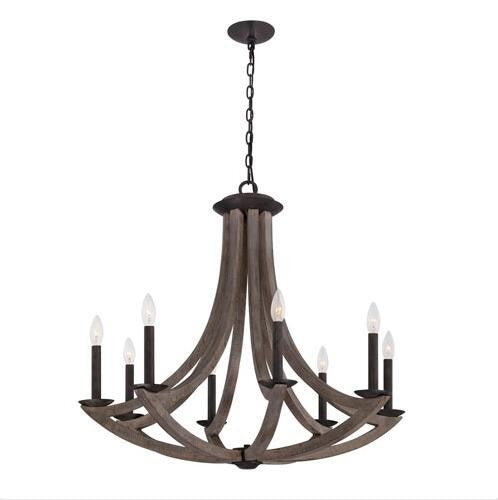 Eight Light Chandelier with Wood with Bronze Iron Shade