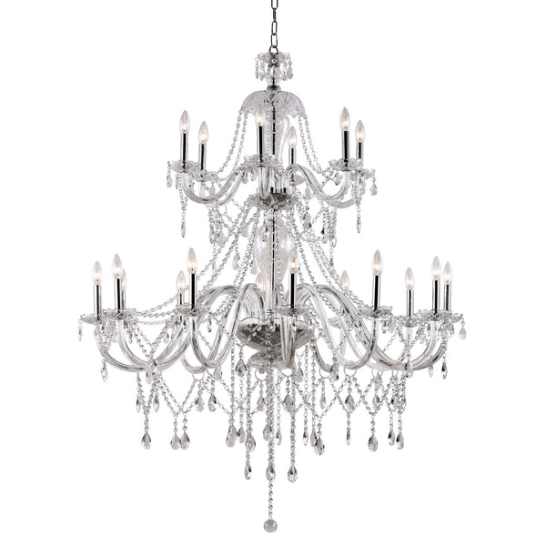 Polished Chrome Crystal Fountain Weeping 18 Light Chandelier with Clear Glass and Prisim Cut Clear Crystal Strands