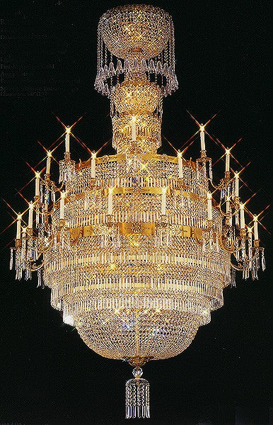 Grandeur large 3-tier 74 light Crystal Chandelier dressed with 25% full-lead crystal in the Gold finish