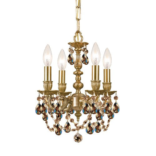 Aged Brass Golden Teak Crystal Four-Light Chandelier