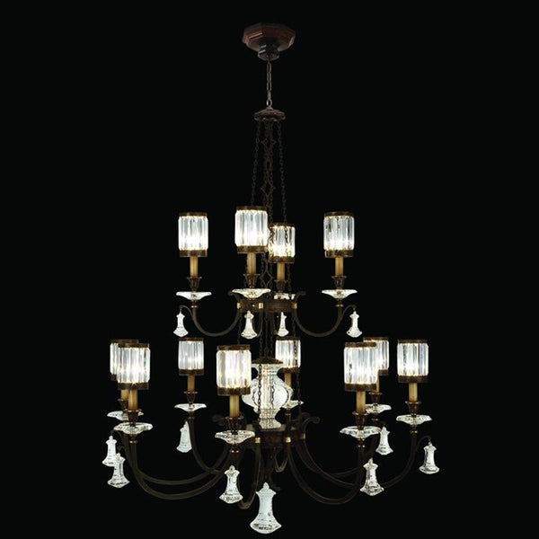 Place Chandelier, Round, 12-Light, Rustic Iron, Garnet Undertones, Faceted Channel-Set Crystal Shades, 53"W (584740ST 6DM7)