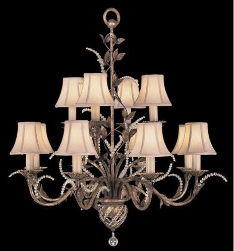 12-Light Chandelier in Cool Moonlit Patina Finish with Hand Sewn, Silk Shantung Shades