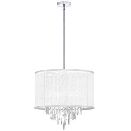 Six Light Crystal Pendant with White Organza Drum Shade