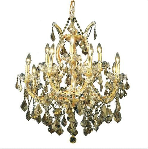 Gold Thirteen-Light 27-Inch Chandelier with Royal Cut Golden Teak Smoky Crystal