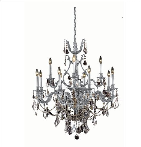 Pewter Twelve-Light Chandelier with Golden Teak/Smoky Royal Cut Crystals