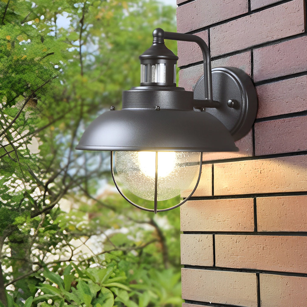 Nautical Black 1-Light Metal Cage Seeded Glass Outdoor Wall Light