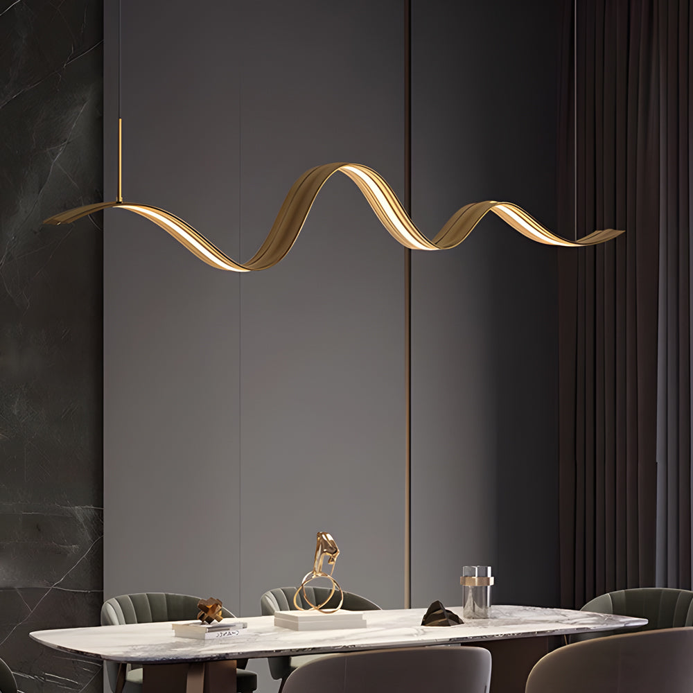 1-Light Linear LED Brass Elegant Flow Wave Pendant Light for Kitchen Island