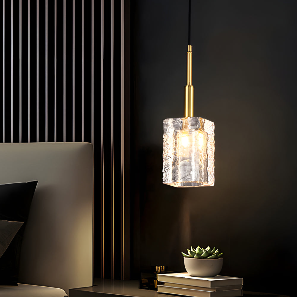 Crystal Cube Brass Pendant Light, 1-Light Copper Rod Kitchen Island Lighting