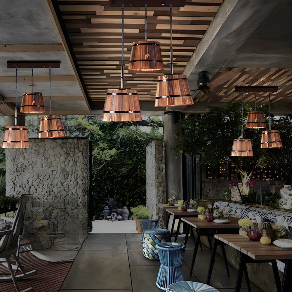 1/3-Light Rustic Wood Bucket Shade Pendant Lighting for Cafe Bar