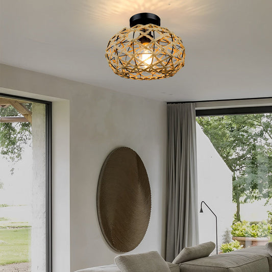 Round Hand Woven Cage Rope Beige Retro Minimalist Ceiling Light Chandelier