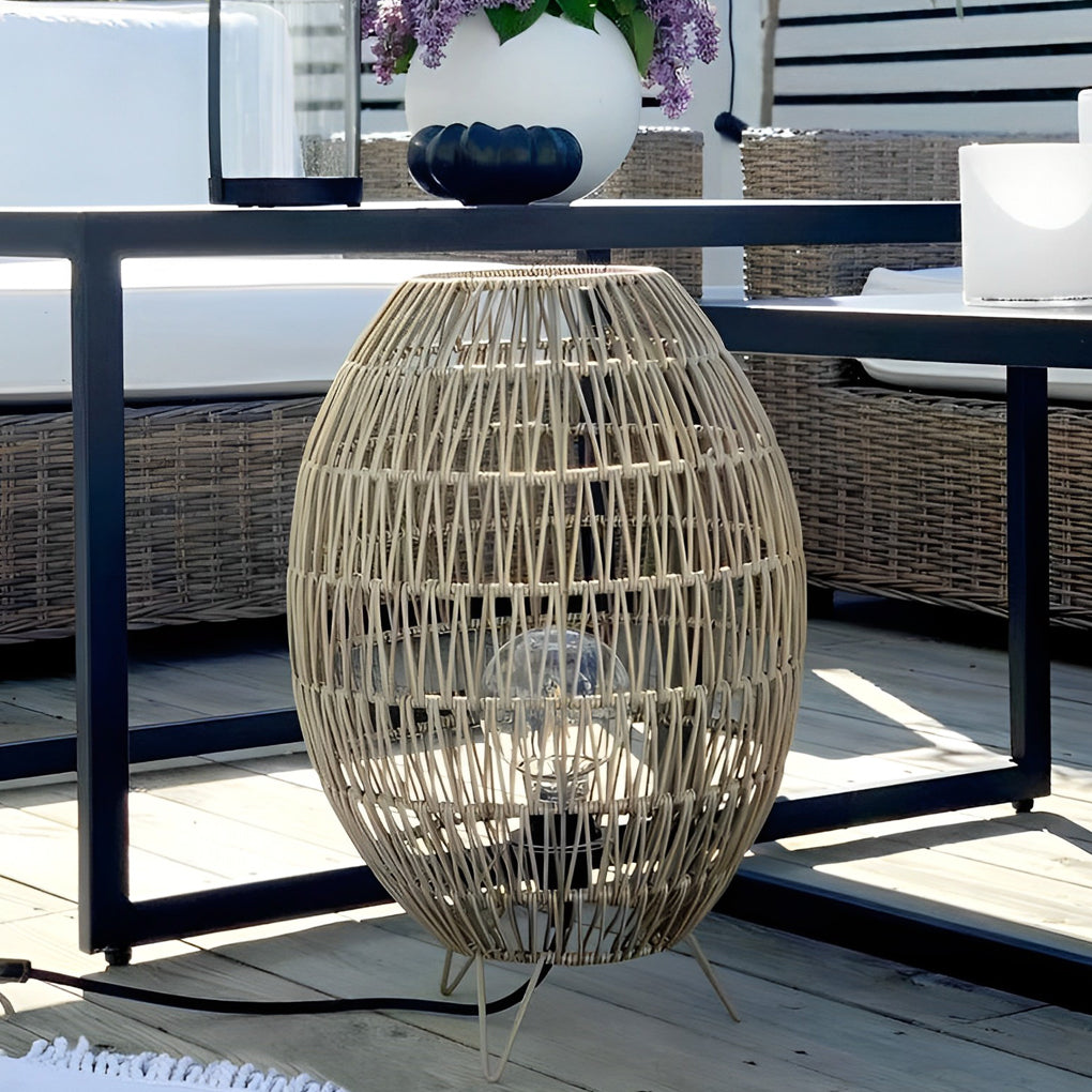 Spaceship Lighting Handmade Rattan Oval Cage Waterproof Outdoor Floor Lamp