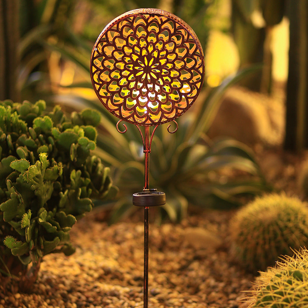 Metal Round Hollow Drum Flowers Waterproof LED Modern Outdoor Solar Lights