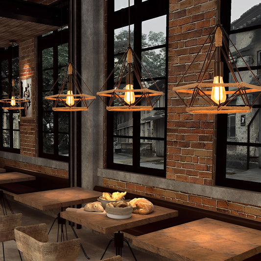 Geometric Creative Iron Rope Lantern Shape Black Rustic Chandelier Pendant Lights