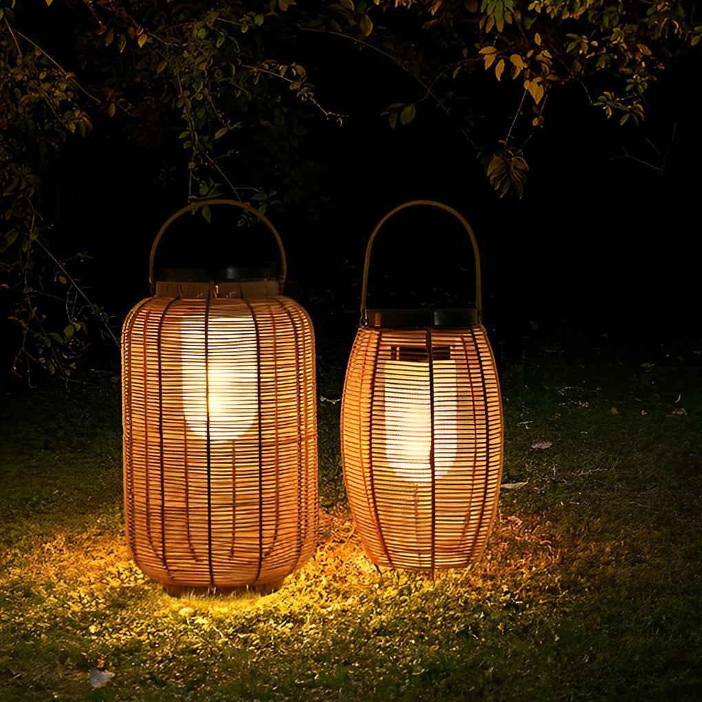 Portable Lantern Rattan LED Waterproof Solar Outdoor Lights Floor Lamp