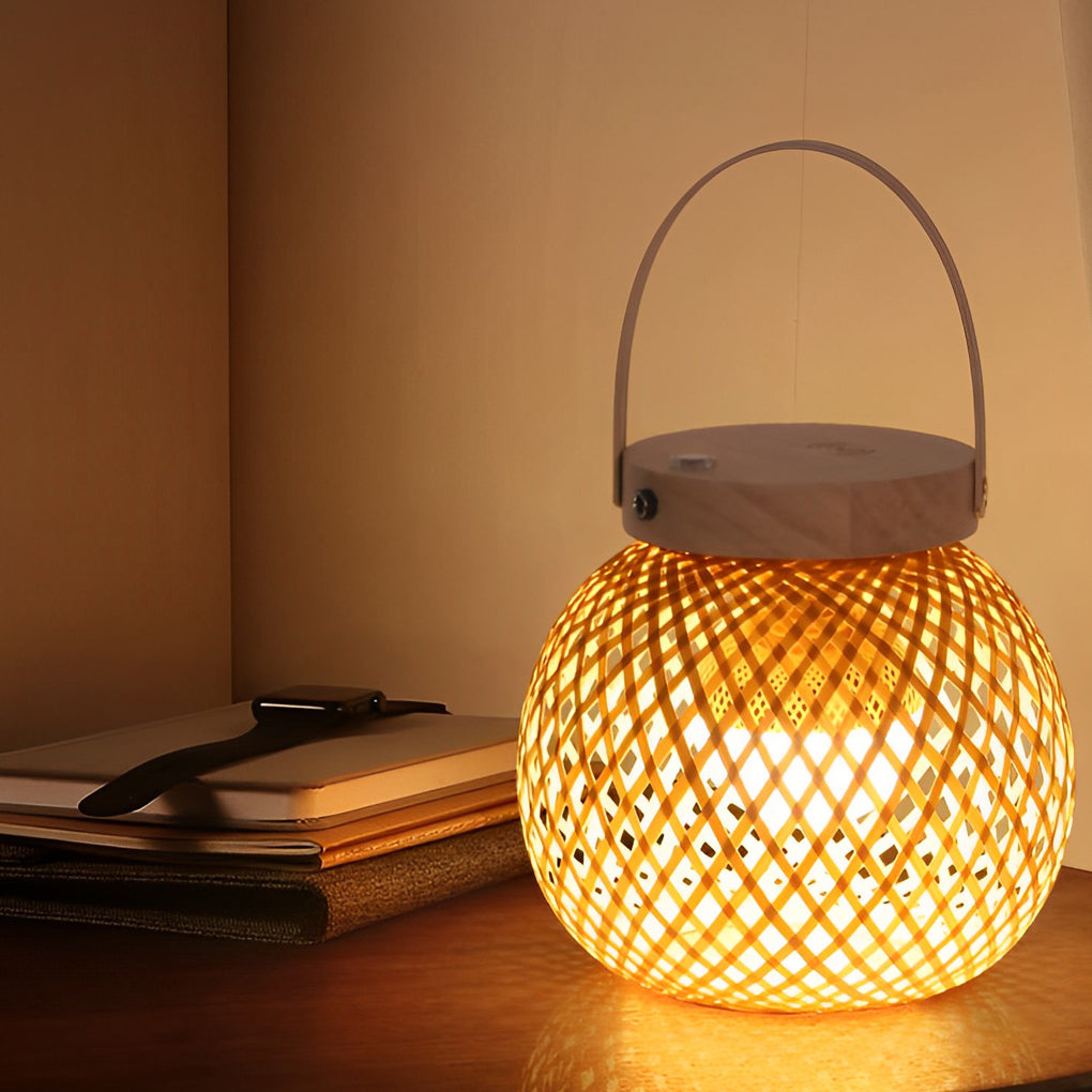 Rustic Portable Woven Bamboo Lantern Table Lamp with Handle