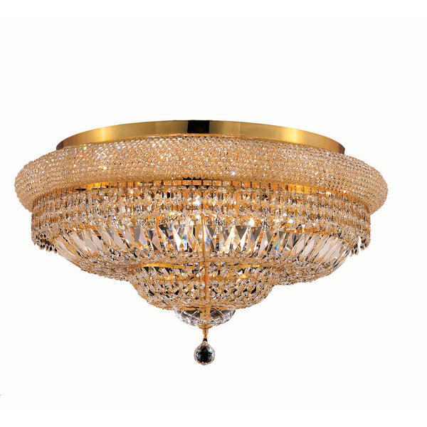 Primo Gold Fifteen-Light 28-Inch Flush Mount with Royal Cut Clear Crystal and Crystal Drop