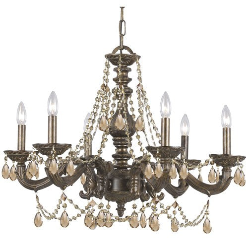 Bronze Ornate Chandelier Draped with Golden Teak Crystal