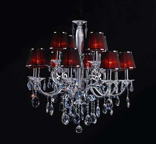 Polished chrome traditional crystal Chandelier dressed with red lampshades