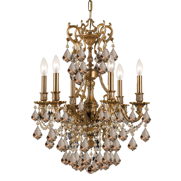 Yorkshire Ornate Aged Brass Six-Light Chandelier with Golden Teak Swarovski Strass Crystal