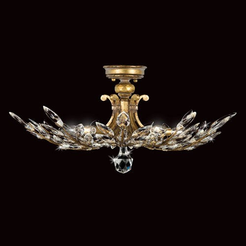 Semi-Flush Mount in Antiqued Warm Gold Leaf Finish with stylized faceted crystal leaves.