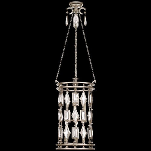 Six-Light Lantern in Silver Leaf Finish with Clear Crystal Gems