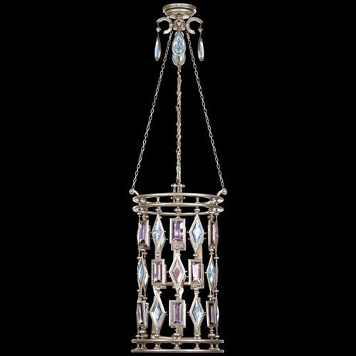 Six-Light Lantern in Silver Leaf Finish with Multi-Colored Crystal Gems