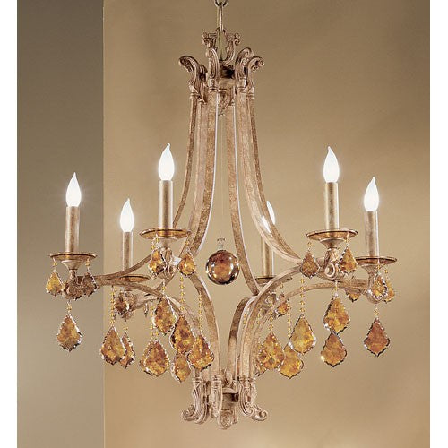 Mediterranean Leather Six-Light Chandelier with French Pendalogs Tortoise Shell Crystal Detail