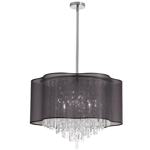 Eight-Light Polished Chrome and Clear Crystal Pendant w/ Black Laminated Organza Shade