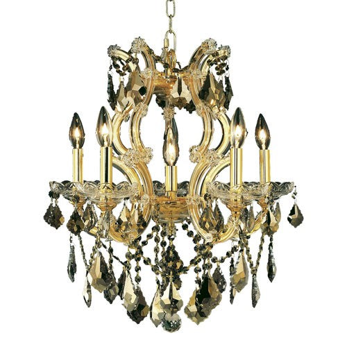 Gold Six-Light 20-Inch Chandelier with Royal Cut Golden Teak Smoky Crystal