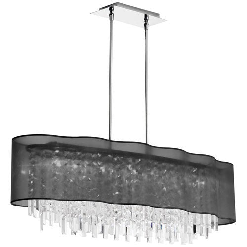 Eight-Light Polished Chrome and Clear Crystal Wave Pendant w/ Black Laminated Organza Shade