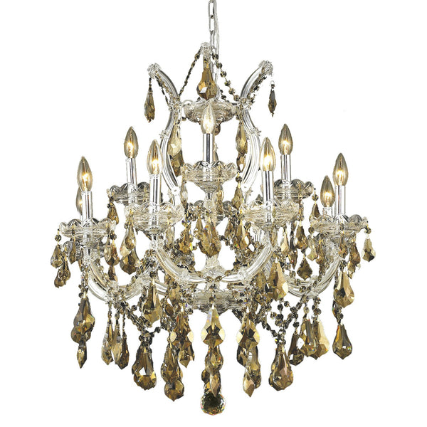 Maria Theresa Gold Thirteen-Light 27-Inch Chandelier with Royal Cut Golden Teak Smoky Crystal<br >