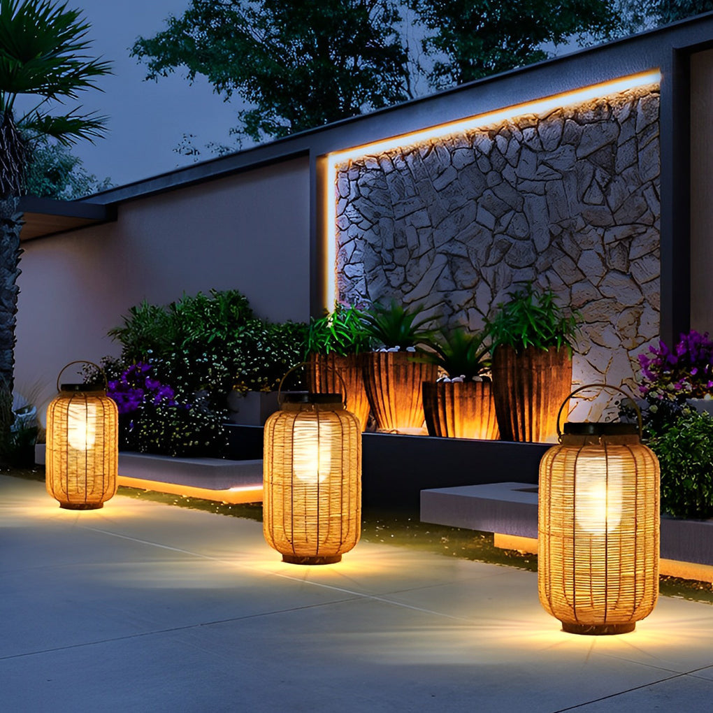 Portable Lantern Rattan LED Waterproof Solar Outdoor Lights Floor Lamp