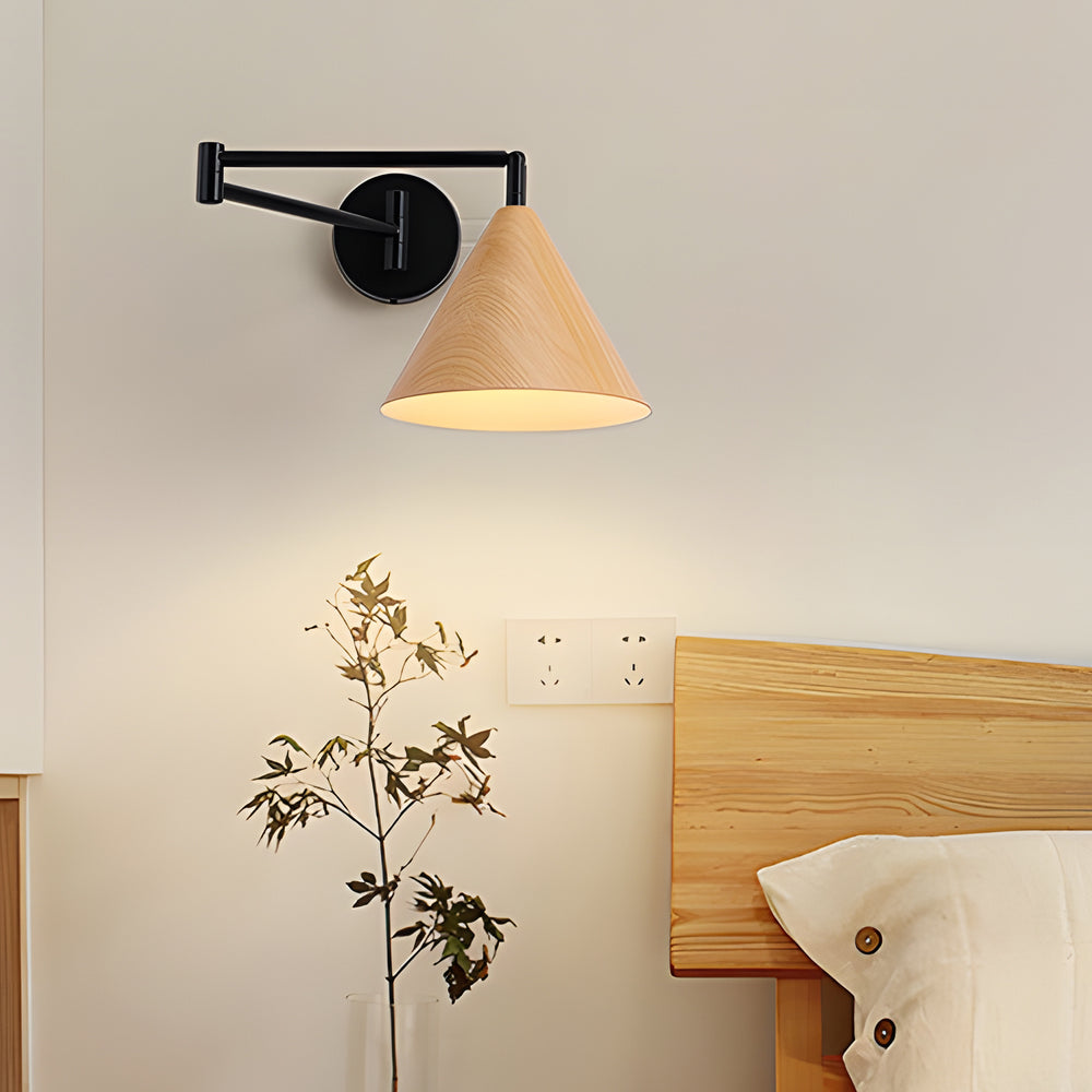 Cone Shaped Swing Arm Wall Sconces - 1-Light Wood Wall Mount Light