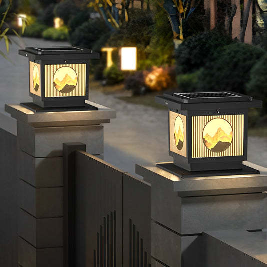 Square Retro Mountain Scenery LED Waterproof Solar Post Caps Lights