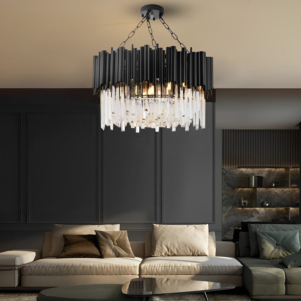 Circular Clear Crystal Metal Black Modern Chandelier Pendant Lamp