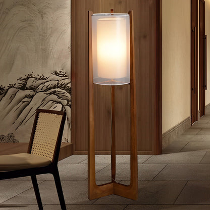 Rustic Japanese-style Wood Standing and Double Shaded LED Floor Lamp