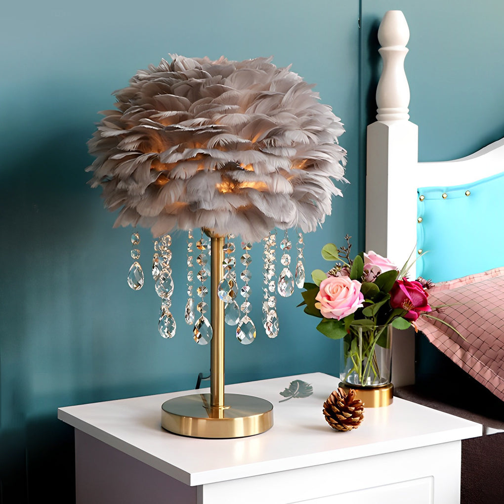 LED Feather Table Lamp with Ambient Crystal Tassels Lighting