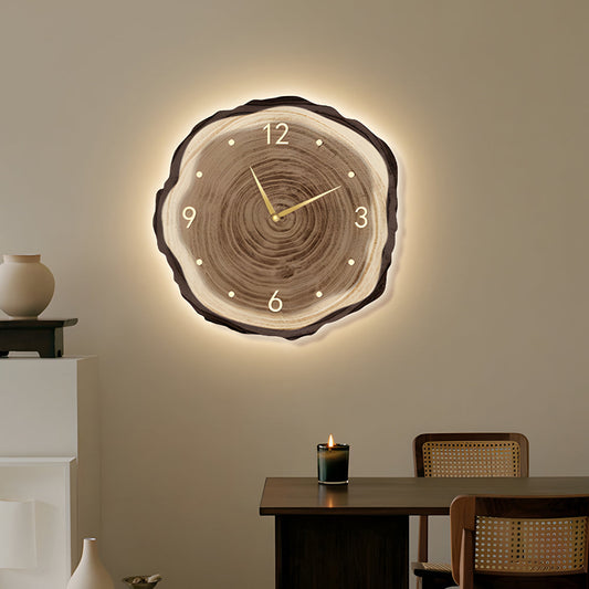 Rustic Round Wood Slice Clock with Remote Control and LED Lights - US Plug