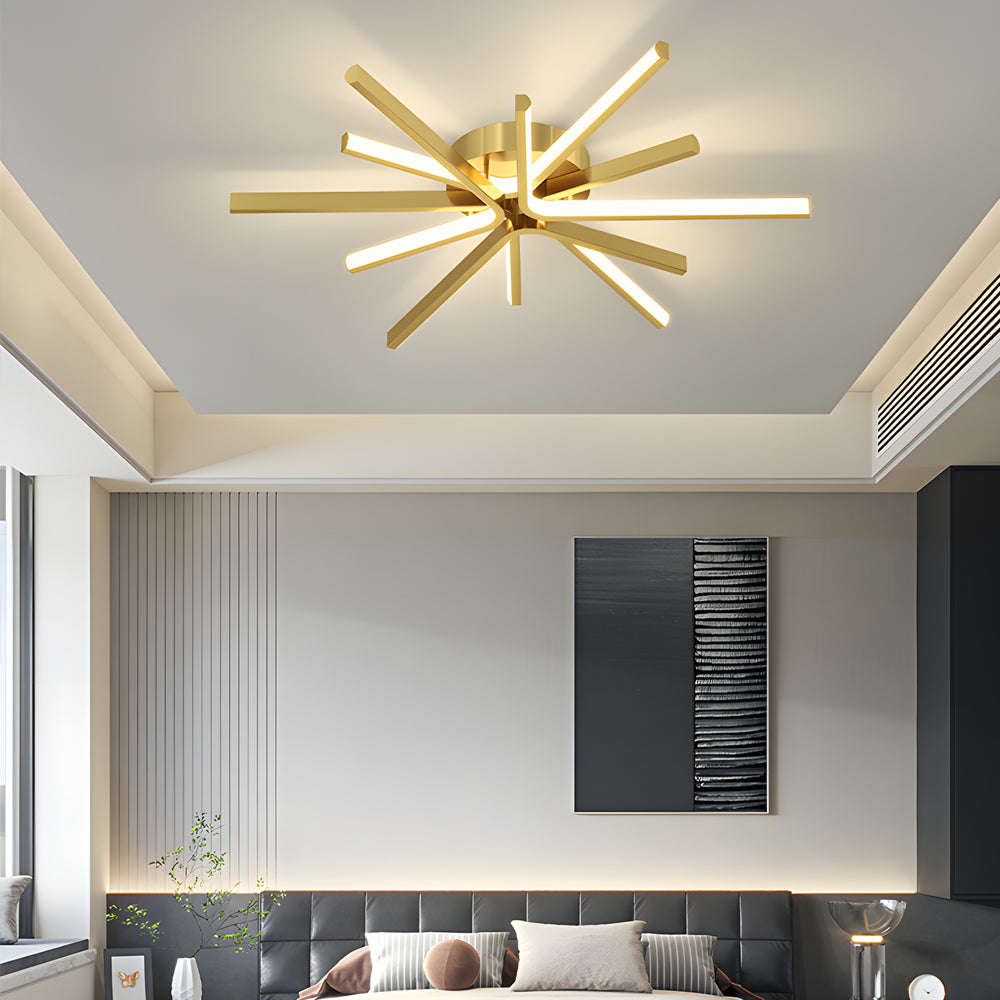 6-Light LED Semi Flush Mount Copper Starbursts Ceiling Light Fireworks Ceiling Lighting Fixture