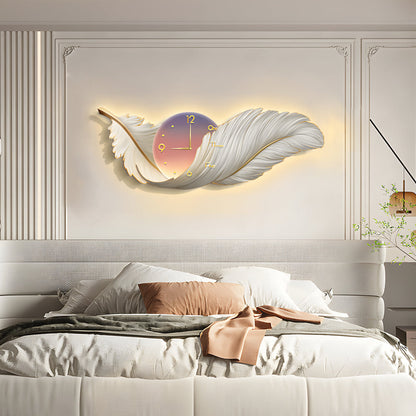 2-In-1 Wall Feather Painting Hanging Decor LED Wall Lamp Wall Clock