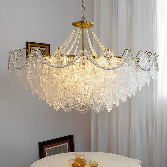 Glass LED 3 Step Dimming Luxury Pearls Decor French Style Chandelier