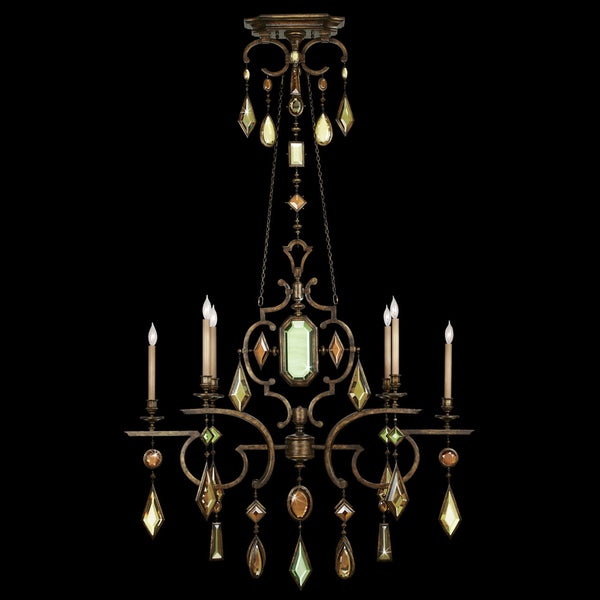 Chandelier, Oblong, 6-Light, Bronze Patina, Multi-Colored Crystal Gems, 50"W (708940-1ST 96FJ)