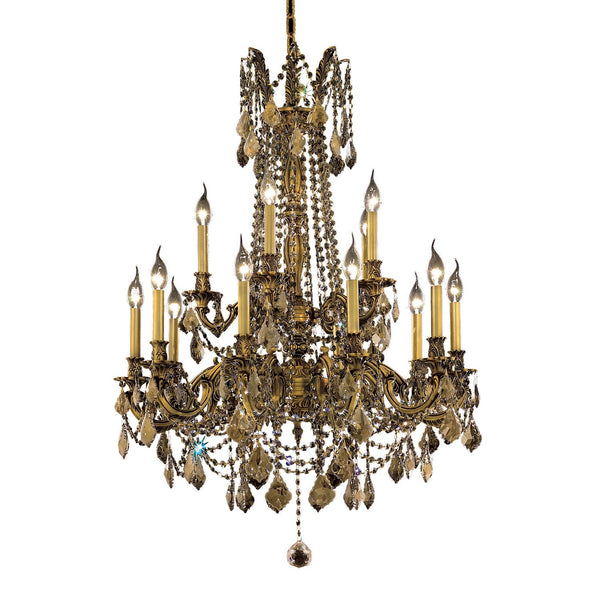 Rosalia French Gold Fifteen-Light 28-Inch Chandelier with Royal Cut Golden Teak Smoky Crystal