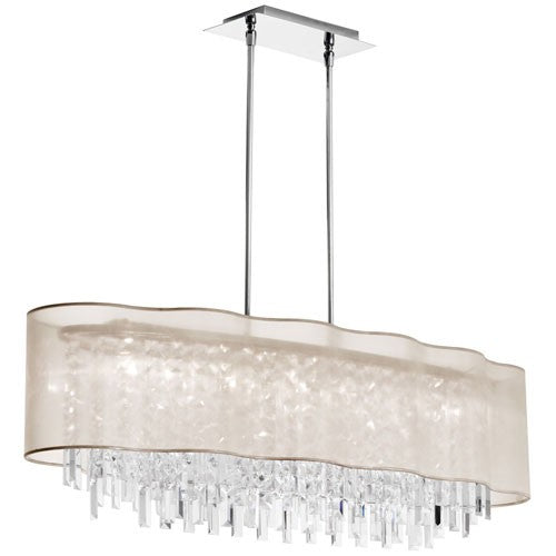 Eight-Light Polished Chrome and Clear Crystal Wave Pendant w/ Oyster Laminated Organza Shade