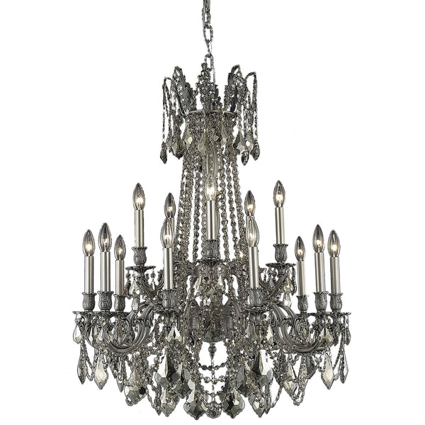 Rosalia Pewter Fifteen-Light Chandelier with Golden Teak/Smoky Royal Cut Crystals