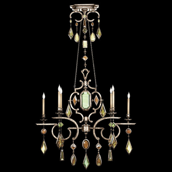 Chandelier, Oblong, 6-Light, Silver Leaf, Multi-Colored Crystal Gems, 50"W (725940-1ST 98E1)