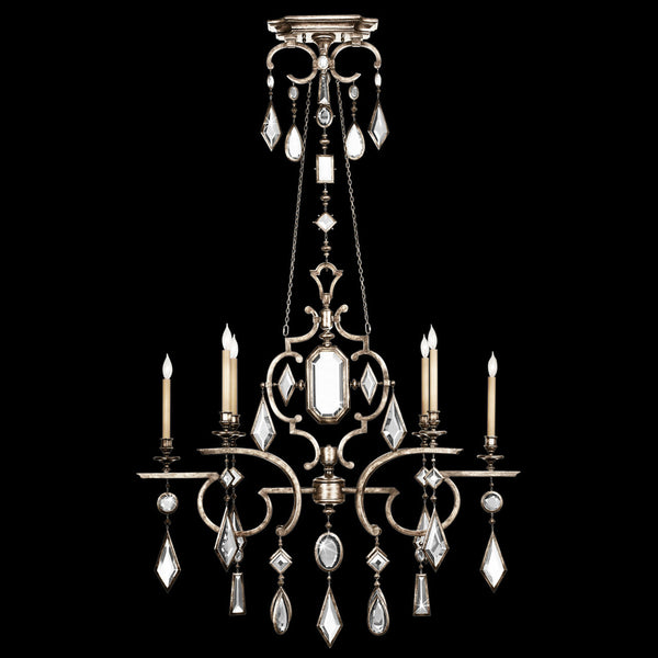 Chandelier, Oblong, 6-Light, Silver Leaf, Clear Crystal Gems, 50"W (725940-3ST 98E3)