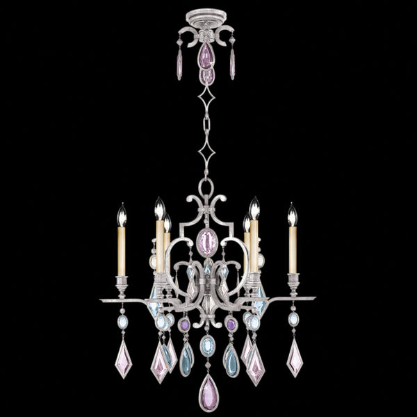 Chandelier, Round, 6-Light, Silver Leaf, Multi-Colored Crystal Gems, 29"W (729440-1ST 98G3)