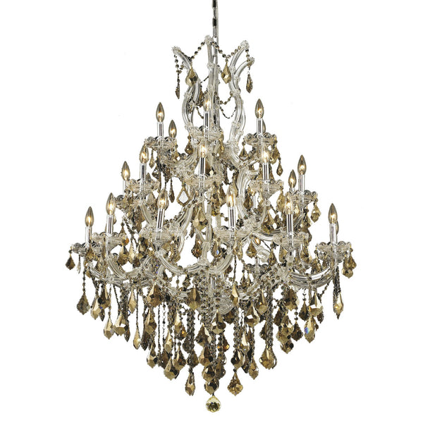 Chrome Twenty-Eight Light Chandelier with Golden Teak/Smoky Royal Cut Crystals