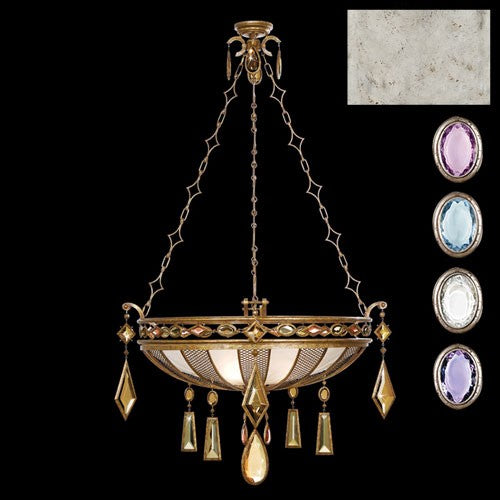 Three-Light Pendant in Silver Leaf Finish with Multi with Colored Crystal Gems of Amethyst, Tourmaline, and Aquamarine Colors